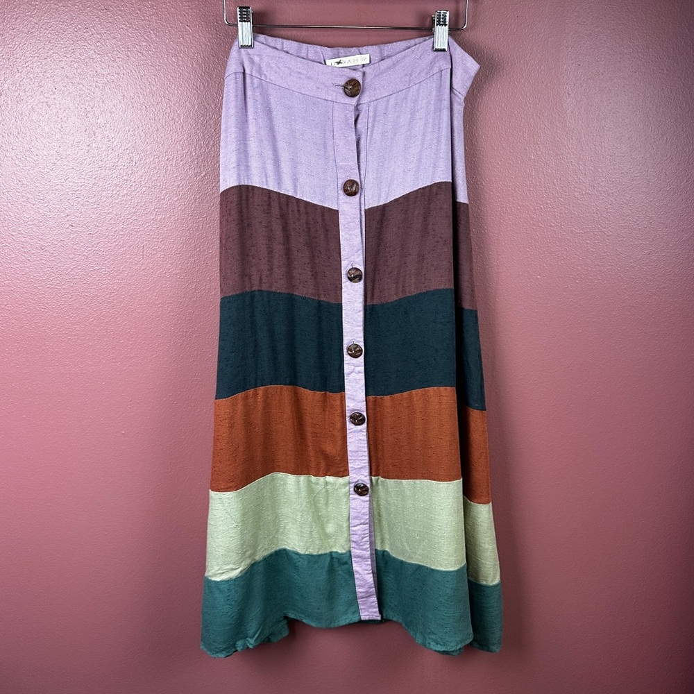 Indah linen and silk blend midi skirt buttons down the front striped